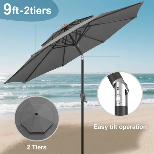 Miniatura 3 de FLAME&SHADE - Paraguas de 9 pies para patio - Paraguas de exterior de 2 niveles con botón de inclinación y manivela para protección UV, paraguas