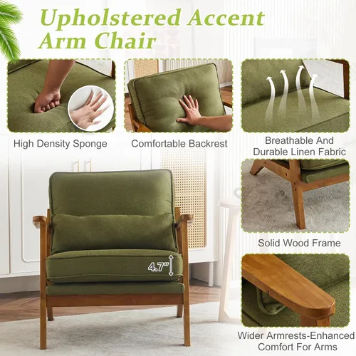 Miniatura 5 de VINGLI Silla de Acento de Madera Maciza con Reposabrazos Anchos, Silla Moderna Tapizada de Mediados de Siglo con Almohada, Cómoda Silla de Lectura