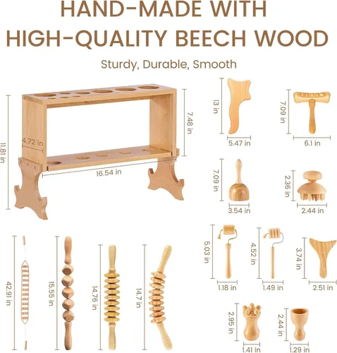 Miniatura 3 de Meifuly Herramientas de masaje de terapia de madera 13 en 1 con estante de almacenamiento de lujo, kit completo de masajeador de madera