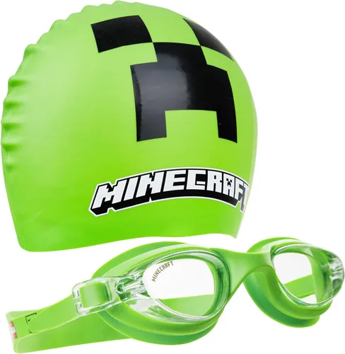 Get Trend Gafas de natación y gorro de natación para niños y adolescentes, antivaho con protección UV Minecraft verde