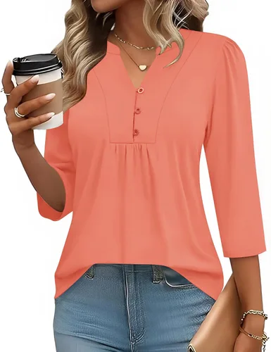 Miniatura 15 de IECCP Blusas de verano de manga 3/4 para mujer, estilo casual, cuello Henley, cuello en V, plisadas, ajuste holgado, blusas de trabajo