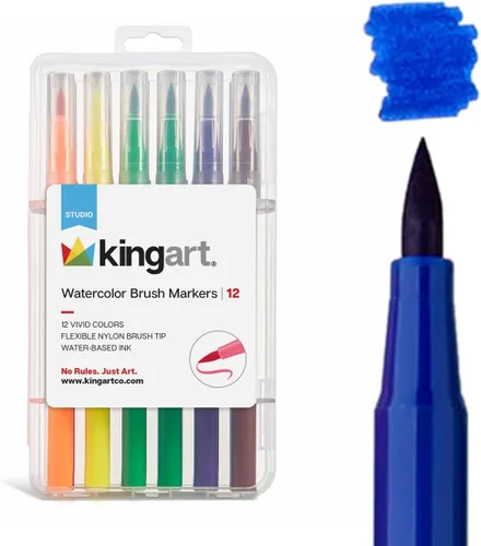 KINGART Juego de marcadores de pincel para acuarela, 12 colores vivos, puntas de nailon flexibles para dibujar, dibujar, caligrafía y pintura,