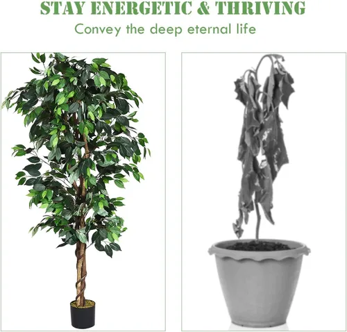 Miniatura 6 de Goplus Árbol de seda artificial de ficus de 6 pies, árbol falso en maceta con hojas verdes y tronco natural, sin mantenimiento, planta sintética