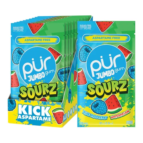 Miniatura 15 de PUR Goma Jumbo Chicle sin Aspartame 100% Xilitol Sabor Natural de Chicle de Masticar, Uva, Sandía, 20 Piezas (Paquete de 10)