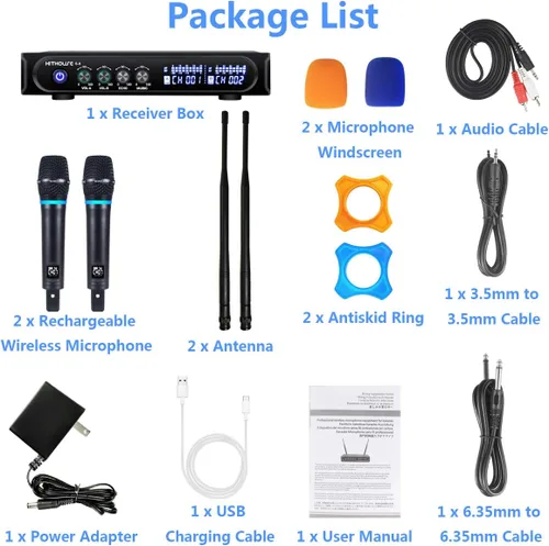Miniatura 7 de S9 UHF Sistema de micrófono inalámbrico recargable para karaoke, micrófono inalámbrico dual con caja receptora Bluetooth + control de volumen ECHO