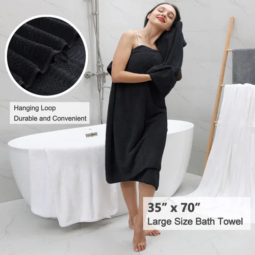 Miniatura 4 de Juego de 8 toallas de baño grandes negras para la familia, 2 toallas de baño de gran tamaño, 2 toallas de mano, 4 toallas pequeñas, 600GSM, suaves