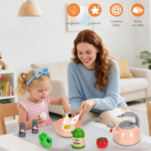 Miniatura 8 de Juego de 90 accesorios de cocina, cocina de simulación con ollas, sartenes, utensilios de cocina, alimentos, frutas, verduras, cestas de Rosa