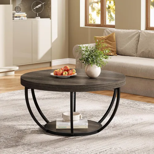 Miniatura 4 de Tribesigns Mesa de Centro Redonda, 31.7" Mesa de Centro Circular de Madera de 2 Niveles con Estantes de Almacenamiento, Mesa de Cóctel de Acento