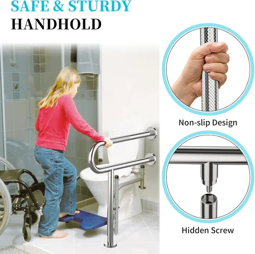 Miniatura 4 de Riel de Soporte para Inodoro de 23.4 x 28 Pulgadas, Munzong Barra de Agarre Cromada Antideslizante para Personas con Discapacidad para Baño, Cromo