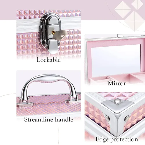 Miniatura 5 de Hododou Joyero organizador para niñas con cajón y espejo estuche de almacenamiento con cerradura estilo rosa brillante para niños o niñas pequeñas