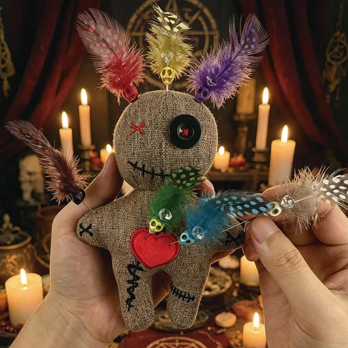 Miniatura 7 de PapaLegba Juego de arte de muñeca vudú de 8 pulgadas con 7 pines de calavera emplumados de colores y tarjetas de hechizos de energía positiva