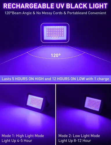 Miniatura 2 de Luz negra LED recargable, luz negra portátil alimentada por batería, luz LED de inundación de 400 nm, luces negras, fiesta de neón brillante, pesca