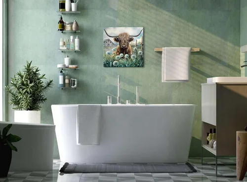 Miniatura 5 de YUEYARIT Decoración de pared de vaca de las tierras altas de granja en verde azulado y marrón: imagen rústica de vaca y diente de león, impresión