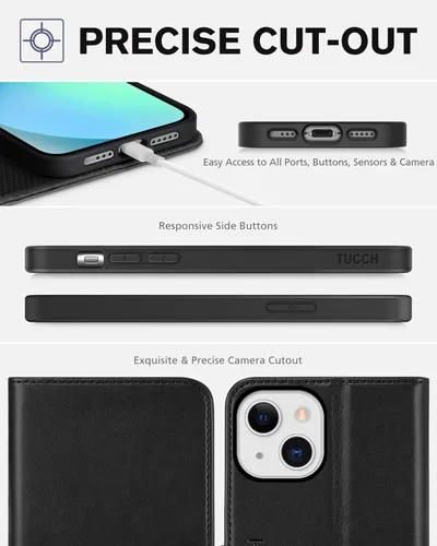 Miniatura 7 de TUCCH Funda tipo cartera para iPhone 13 5G, de piel sintética, con 3 ranuras para tarjetas, diseño de libro con soporte, funda interior de TPU a