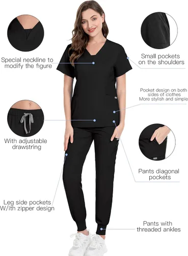 Miniatura 6 de niaahinn Conjunto de traje médico para mujer, moderno top con cuello en V y pantalones deportivos de pierna cónica con cordón de ajuste, conjunto