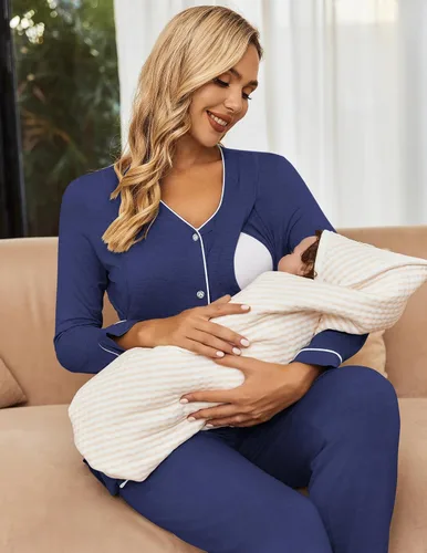 Miniatura 3 de Ekouaer Conjunto de pijama de maternidad con botones, ropa de dormir de manga larga para lactancia materna con pantalones ajustables