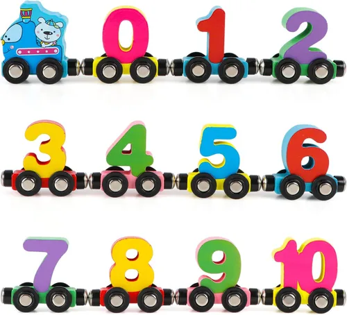 Miniatura 9 de Wondertoys Juego de 12 piezas de tren de madera con números de juguete, incluye 1 motor de autos para niños y niñas, compatible con las principales