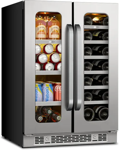 Whynter Refrigerador de vino y bebidas de doble zona de 24 pulgadas, 20 botellas, 60 latas, refrigerador de vino con puerta de vidrio, enfriador de
