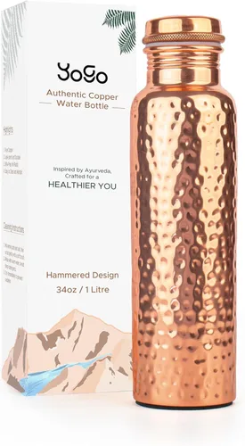 YoGo Botella de agua de cobre puro, botella de agua de cobre ayurvédico martillado de 34 onzas para beber, tapa a prueba de fugas, botella de cobre