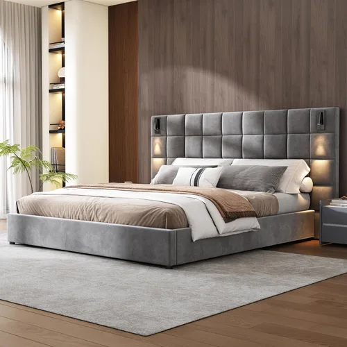 Miniatura 7 de Base de cama tamaño King con cabecero de 46 pulgadas de alto, plataforma tapizada de terciopelo, cabecera de tela suave copetuda, lámparas
