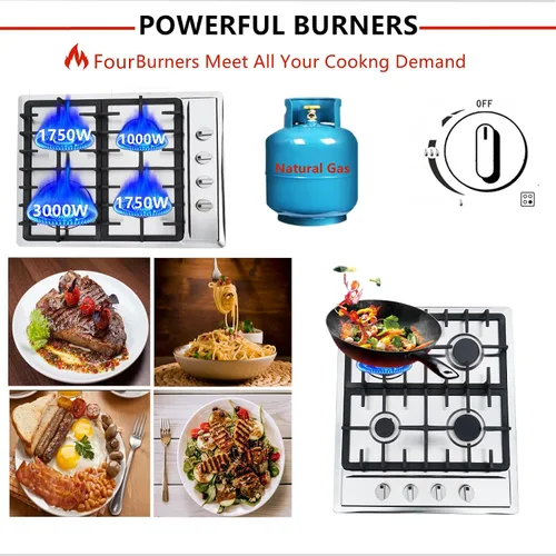 Miniatura 3 de Estufa de gas de 4 quemadores, estufa de gas de 23 pulgadas, de acero inoxidable, cocina de gas incorporada, cocina de gas natural plateada