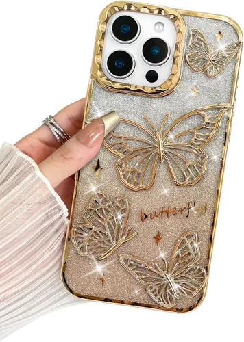 Miniatura 46 de BITOBE Diseñada para iPhone 15 Pro Max, bonita funda de mariposa 3D chapada en purpurina delgada para mujeres y niñas, protección de cámara, Negro