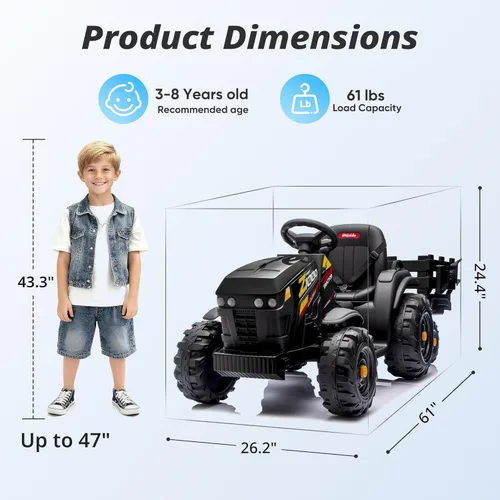 Miniatura 7 de Hikiddo Juguete tractor de paseo para niños de 24 V, tractor eléctrico para niños de 3 a 8 años con remolque, motores de 2 x 200 W, color negro