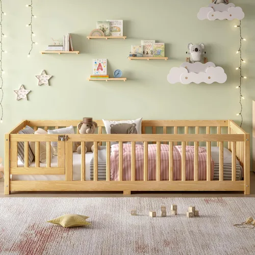 Miniatura 6 de SOFTSEA Montessori - Cama con puerta y barandillas, marco de cama baja de madera maciza con valla, no necesita somier, natural