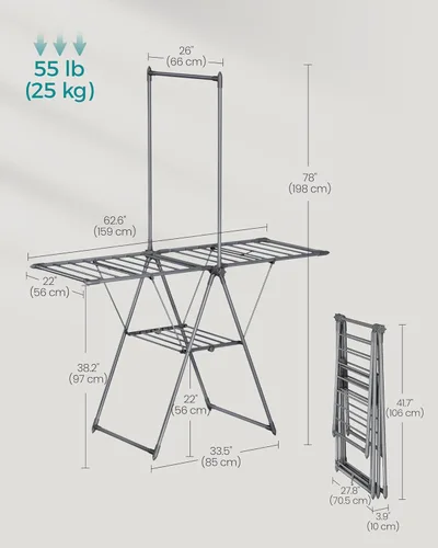 Miniatura 5 de SONGMICS Tendedero de secado de ropa, plegable de 2 niveles, aireador independiente, 1 barra colgante alta adicional, 2 alas ajustables en altura