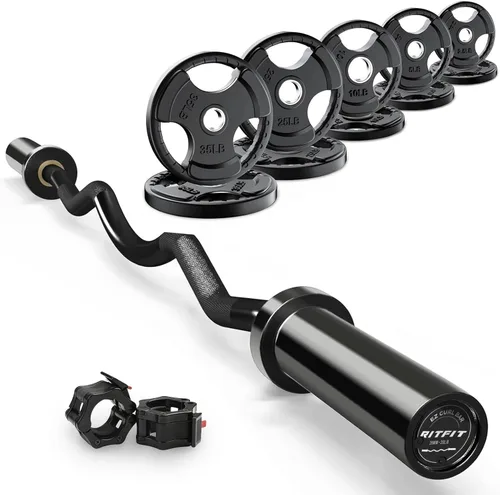 Miniatura 8 de RitFit Barra de rizo EZ de 2 pulgadas con pesas, barra olímpica de capacidad de 350 libras para bíceps y tríceps, entrenamiento de fuerza