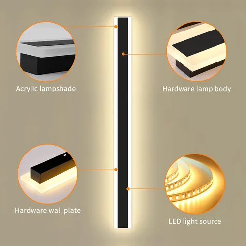 Miniatura 86 de Luz de pared exterior moderna de 47 pulgadas, accesorios de iluminación exterior de acrílico negro de 3000K, montaje en pared, luces de porche