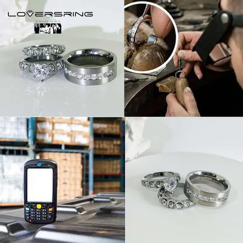 Miniatura 50 de Conjunto de dos anillos de boda para él y para ella, anillos para parejas. Anillos de compromiso para novia en acero inoxidable chapado en oro Blanco