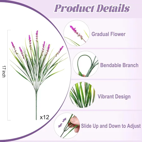 Miniatura 2 de Flores artificiales para decoración al aire libre, 12 paquetes de hierba falsa de mono para el hogar, jardín, porche, balcón, flores de lavanda