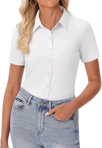 siliteelon Camisa de vestir con botones para mujer, ajustada, elástica, de manga corta, sin arrugas, sólida, formal, para el trabajo