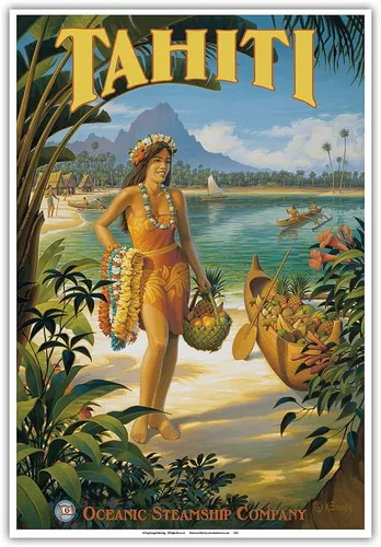 Miniatura 10 de Tahiti - Oceanic Steamship Company - Tahitian Native with Fruit and Flower Leis - Vintage Ocean Liner Travel Poster by Kerne Erickson - Master Art