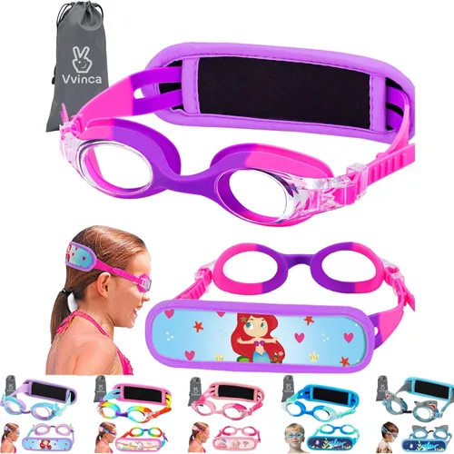 Miniatura 10 de Vvinca Gafas de natación para niños con correa de tela, sin enredos, sin dolor, antivaho para piscina, sin fugas, para niños y niñas