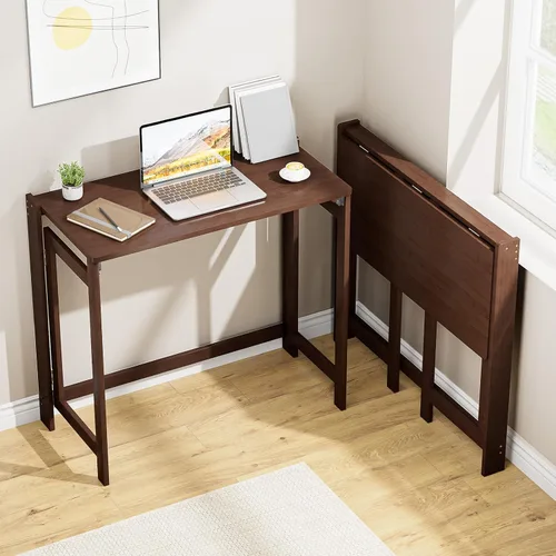 Miniatura 12 de Escritorio plegable de bambú de 31.1 pulgadas con estantería, escritorio compacto para computadora para espacios pequeños, escritorio plegable