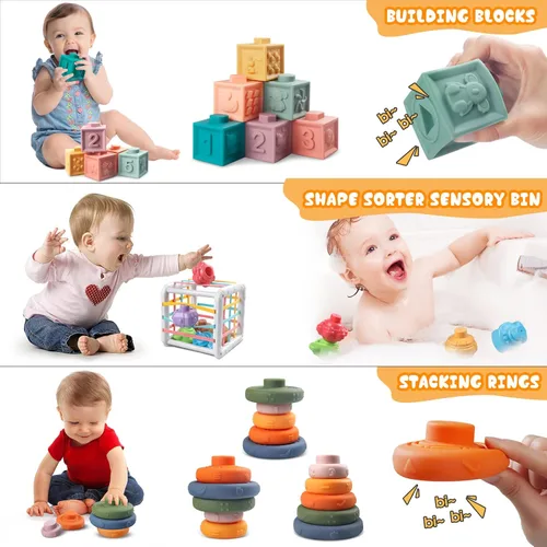 Miniatura 2 de Plunack Juguetes Montessori 4 en 1 para bebés, bloques apilables suaves para bebés, juguetes de dentición, bolas sensoriales y juego de aprendizaje