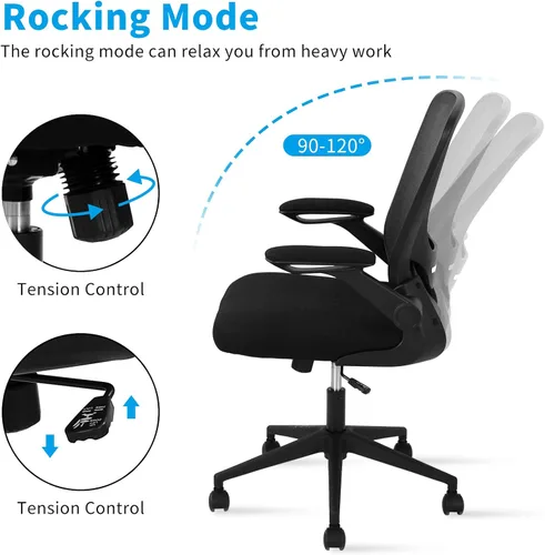 Miniatura 5 de Silla ergonómica de oficina con respaldo medio, silla de computadora de malla con soporte lumbar y reposabrazos abatibles, silla giratoria de altura