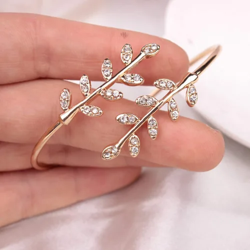 Miniatura 9 de Pulseras de pulsera para mujer diseño de hoja con incrustaciones de diamantes de imitación de moda