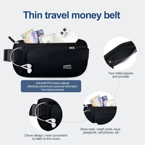 Miniatura 99 de DAITET Cinturón de dinero, soporte para pasaporte, cartera de viaje oculta segura con bloqueo RFID, riñonera encubierta (negro), Negro, Rfid