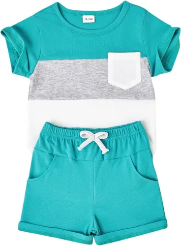 Miniatura 32 de Ropa para bebé niño pequeño, trajes de verano de manga corta, camiseta de retazos y pantalón con bolsillo, conjunto de 2 piezas, 12 meses a 4 años
