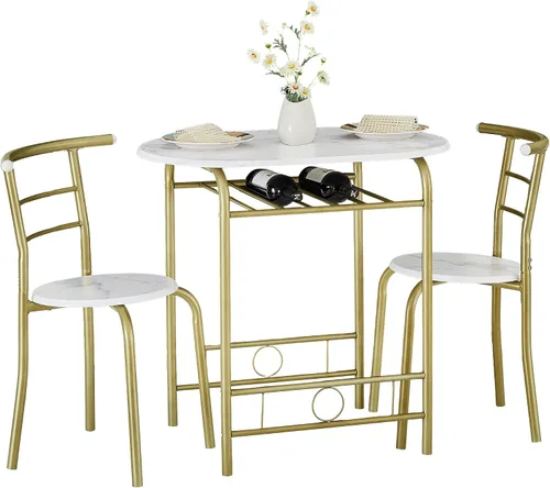 Miniatura 19 de VECELO Juego de mesa de comedor de 3 piezas para rincón de desayuno, mesa ovalada de mármol sintético y marco de metal con estante de vino Blanco