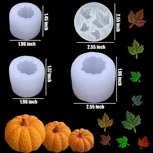 Miniatura 3 de (Paquete de 4) Moldes de vela de calabaza con molde de hoja, juego de moldes de silicona 3D de calabaza grande + mediana + pequeña para velas, cera