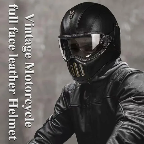 Miniatura 6 de Casco retro de motocicleta de cara completa de cuero de fibra de vidrio para hombres y mujeres Street Off-Road Ciclomotor Racing ATV Motocross