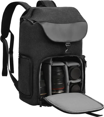 Miniatura 9 de CADeN - Bolso para cámara compacto de cuero con ribete de tela de lona, compatible con Nikon, Canon, Sony, cámara sin espejo y lentes, resistente al