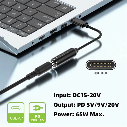 Miniatura 4 de cablecc 0.098x0.028 in Entrada DC Jack a USB-C Tipo-C Cable de carga de enchufe de alimentación para PD 9V 15V 20V 65W Teléfono portátil