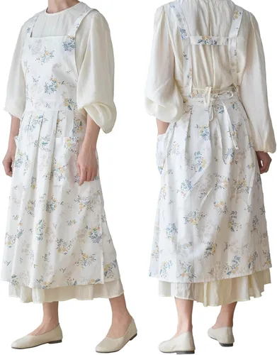 Miniatura 10 de Pinafore - Delantal, de lino y algodón japonés, con espalda cruzada para mujer, con bolsillos, vestido con lazos en la cintura (negro)