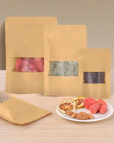 Miniatura 7 de 50 bolsas de papel kraft con ventana de 4.7 x 7.8 pulgadas, color marrón, reutilizables, sellables, con cierre de cremallera, almacenamiento