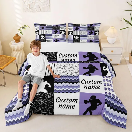 Miniatura 32 de Juego de edredón de softbol personalizado, juego de ropa de cama de retazos a cuadros para niños y niños, edredón de bate de béisbol, juego